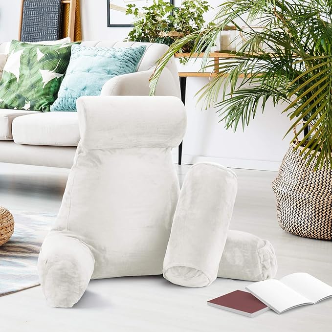 Nestl Reading Pillow with Shredded Memory Foam Includes 2 Neck and Lumber Support Pillows, Designed for Sitting Up in Bed and Couch, Back and Arms Adjustable Support for Adult & Teens, White