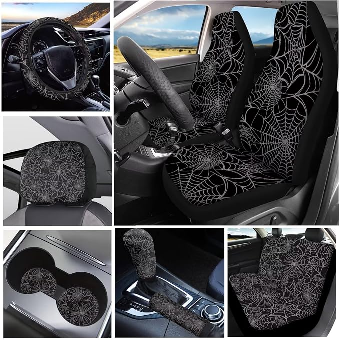 KEIAHUAN Black Spider Web Car Seat Covers for Women Men with Gear Shift Knob Cover&Handbrake Cover Steering Wheel Cover Headrest Cover Coasters Full Set of 11pcs Universal Fits for SUV Truck Sedan