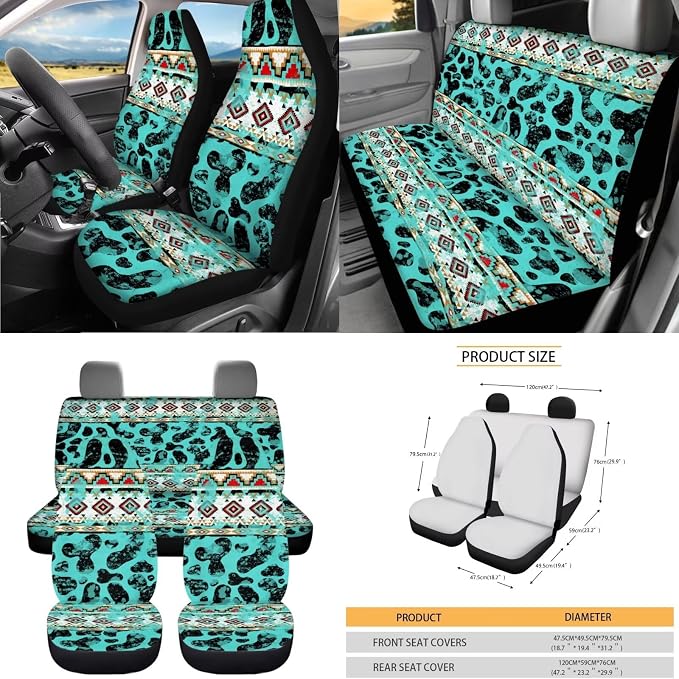 Dreaweet Aztec Cow Print Seat Covers for Cars Full Set Turquoise Front and Back Seat Covers with Steering Wheel Cover Seat Belt Pads Coasters Trash Bag Air Vent Pouch Rear View Mirror Cover Keychain