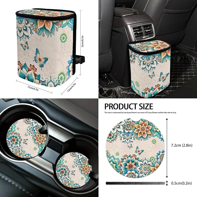 Suobstales Boho Butterfly Mandala Print Car Seat Covers Set of 13 with Universal Steering Wheel Cover, Rearview Mirror Cover, Car Trash Can, Seatbelt Pads, Cup Holder Coasters, Keychains