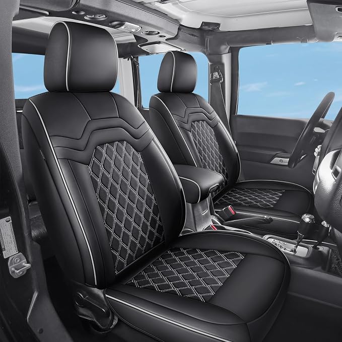 Huidasource 2018-2026 Wrangler JL Seat Covers 4 Door, Waterproof Wrangler Seat Covers Full Set, Custom Seat Cushion Protector Fit for Jeep JL 4-Door, W/O Rear Cupholder (Full Set/Black&White)
