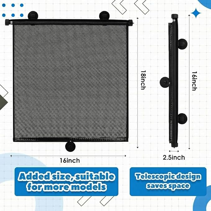 Blosssound 2 Pack Car Side Window Sun Shades Extra Wide Retractable Window Shades for Car Blocks Heat Roller Sunshade Visor for UV Rays Glare Protection Accessories(Black,16 x 18 Inch)