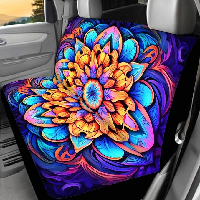 Mandala Lotus Car Seat Covers Full Sets 18 Pcs Universal Car Interior Accessories Set with Mandala Flower Print Car Headrest Covers Steering Wheel Cover Keychain Vehicle Trash Bag