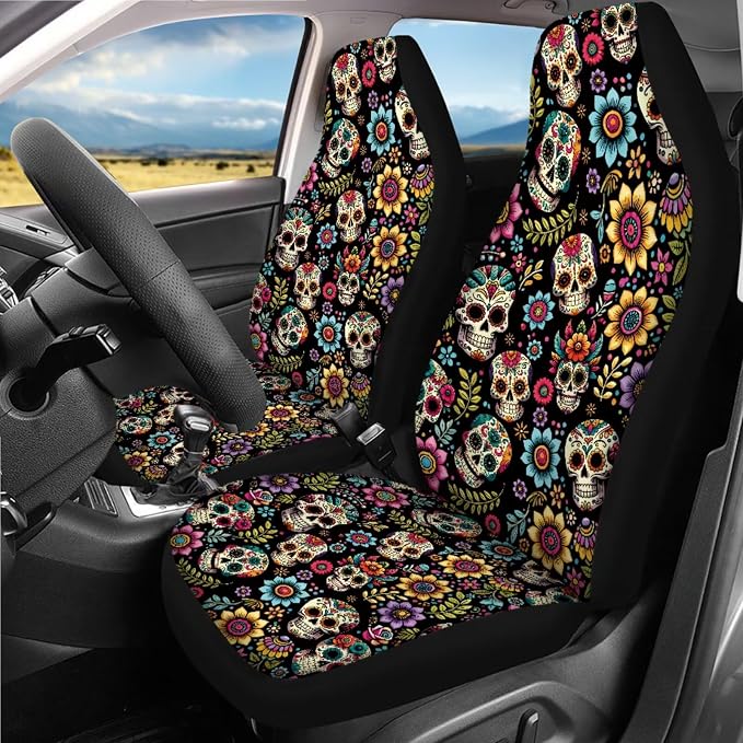 Sugar Skull Car Seat Covers Full Sets 18 Pcs Gothic Skeleton Car Interior Accessories Car Headrest Covers Car Seat Belt Pads Cover Auto Trash Bag Steering Wheel Cover Armrest Box Pad