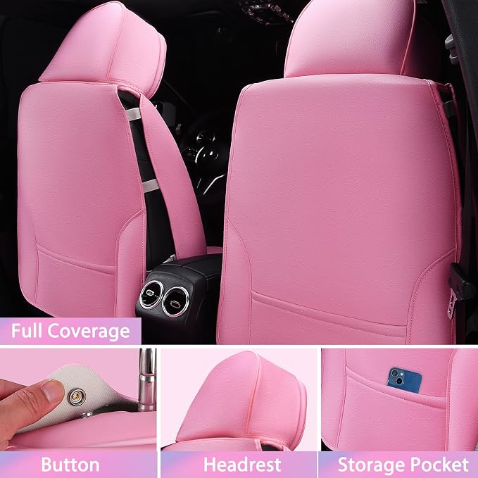 CAR PASS Pink Nappa Leather Seat Covers, Cute Girly Car Seat Covers Full Set for Women, Luxury 3D Sponge Support Waterproof Car Seat Protector, Universal Fit SUV Pick-up Truck Sedan Automotive