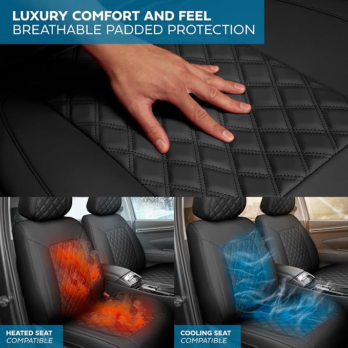 MotorBox Haven Series Napa Leather Seat Covers for Cars, Lux Edition Diamond Stitched Front Seat Covers, Premium PU Leatherette Black Car Seat Covers for Cars Trucks SUVs