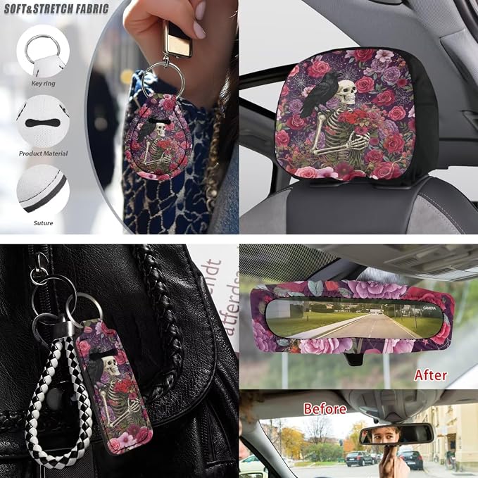 Skeleton Car Seat Covers Full Set Raven Rose Printed Car Interior Accessories Set Included Steering Wheel Cover Seat Belt Pad Armrest Protector Coaster for Auto, Purple
