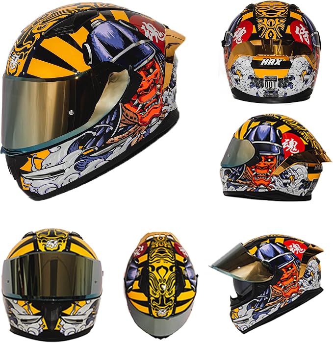 HAX Obsidian Full Face Dual Visor Adult Motorcycle Helmet for Motorbike Street Bike with Pinlock Ready DOT Approved Samurai Gold XXL