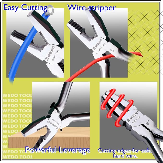 WEDO 8" Stainless Steel Lineman's Pliers,Side Cutting Pliers,Combination Pliers, Side Cutter, Wire Stripper, Crimper, Cut ACSR, Screws, Nails, Hard Wire, Corrosion Resistant