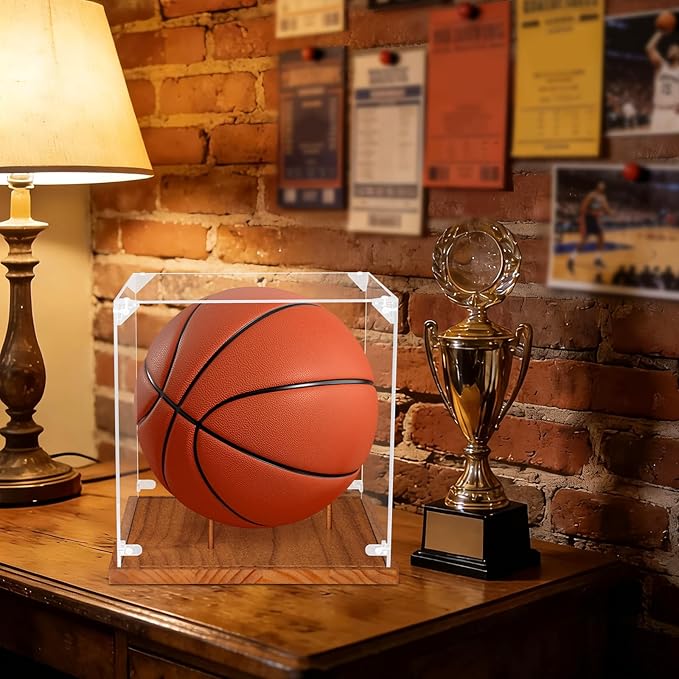Clear Acrylic Basketball Display Case with Wood Base & Tee, Memorabilia Stand Cube Holder, Dust Protection Transparent Storage Box for Single Ball Souvenir Basketball Collections