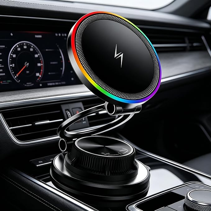15W Fast Wireless Car Charger Mount, Magnetic Phone Holder for Dashboard & Air Vent, 360 Rotating Foldable Arm, AI Cooling, Strong N52 Magnet & Gel Suction for iPhone 17/16/15, Samsung Galaxy S24