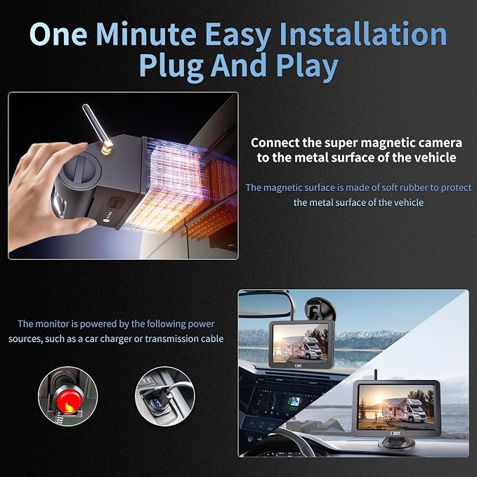 OBEST Magnetic Solar Wireless Backup Camera:1080P 5”HD Rechargeable Reverse Camera with Monitor,Night Vision Waterproof Rearview Camera System for Car RV Truck Trailer SUV Campers,No Wiring