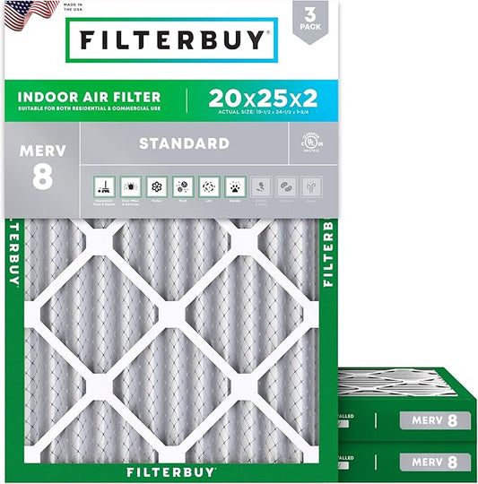 Filterbuy 20x25x2 Air Filter MERV 8 Essential Dust & Allergy Defense (3-Pack), Electrostatic Pleated HVAC AC Furnace Filters Replacement (Actual Size: 19.50 x 24.50 x 1.75)