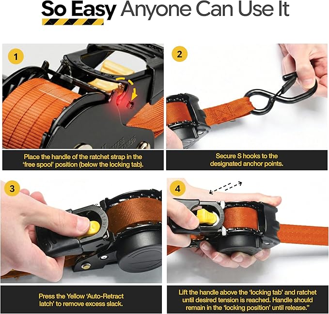 AUGO Retractable Ratchet Straps | 2 Heavy Duty Ratchet Straps Self Retractable Tie Downs with Soft Loops & Storage Bag for Motorcycle, Truck, Trailer, Cargo Van | 3000 Lb Break Strength 2” x 10’