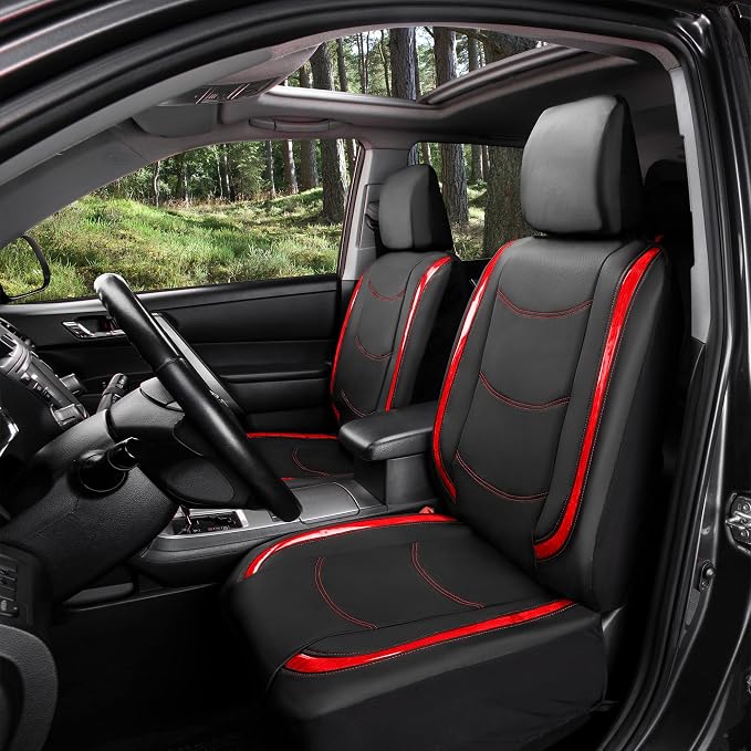 FH Group Galaxy13 Metallic Striped Deluxe Leatherette Car Seat Covers with Matching Carpet Floor Mats – Full Set, Universal Fit, Airbag Compatible for Cars, SUVs & Sedans, Red