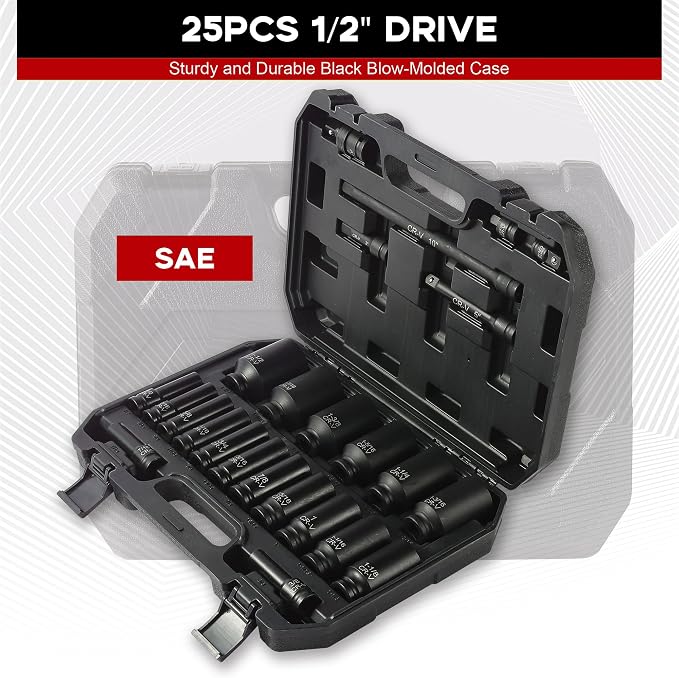 Aloanes 25-Piece 1/2" Drive Socket Set, SAE (3/8"- 1-1/2"), Deep Sockets, 1/2" F to 3/8" M Reducer,3/8" F to 1/2" M Reducer, Universal Joint, Extension Bars, 6 Point, Cr-V