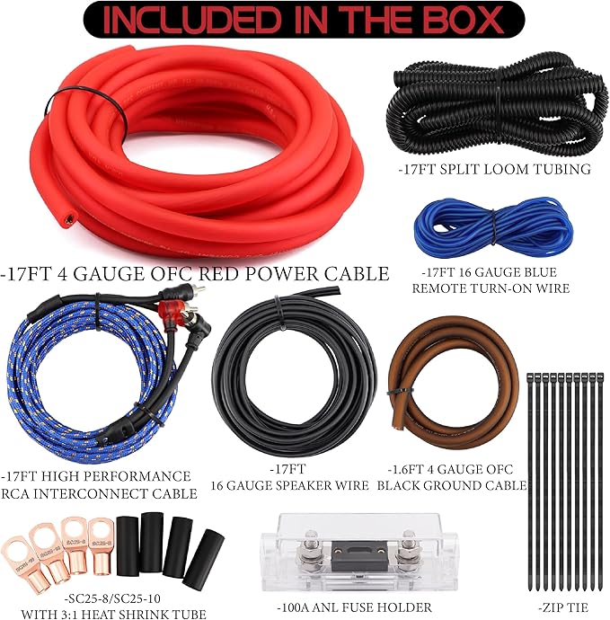 4 Gauge OFC AMP Wire Kit 2000 Watt Car Subwoofer Wiring Install kit for Amplifier Power,Radio and Speakers