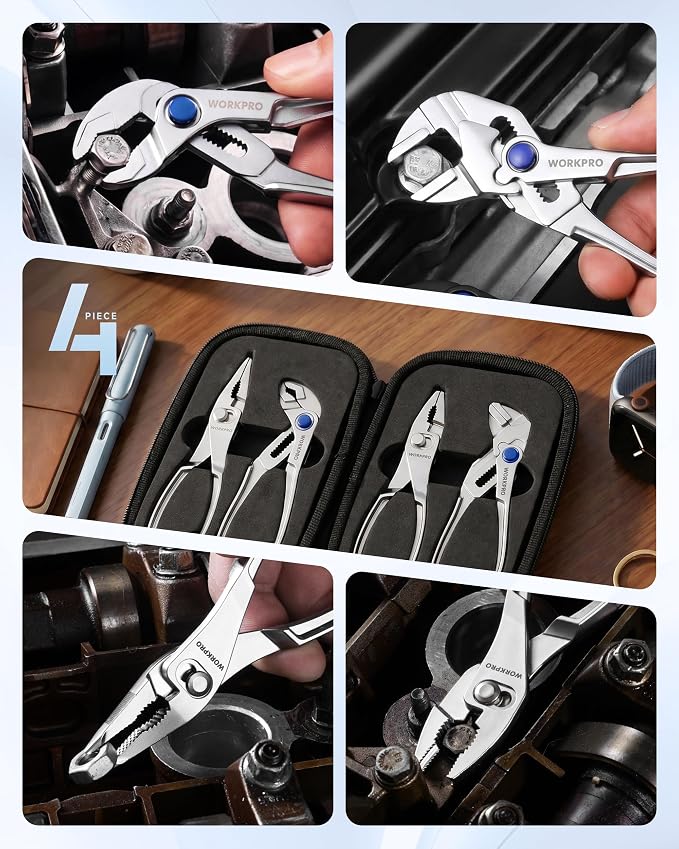 WORKPRO 4-Piece Mini Pliers Set with Pouch, Includes 4-Inch Plier Wrench & Slip Joint & Water Pump Pliers & 4.5-Inch Long Nose Slip Joint Plier, Adjustable Pliers/Pocket Plier/EDC Tool Gift for Man