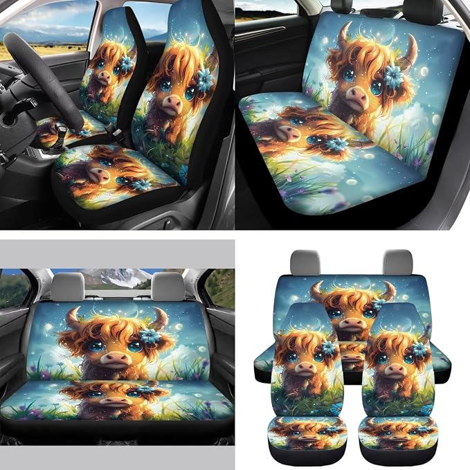 Moon Baby Highland Cow 15 PCS Car Seat Cover Set, with Steering Wheel Seat Belt Cover Rear View Mirror Cover Coaster Trash Cans Keychain Universal Fit