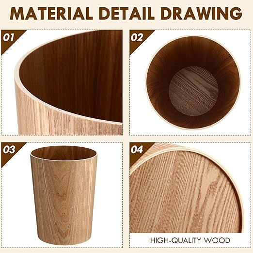 Threehoney 2 Pack 2.3 Gallons Wood Trash Can Wastebasket Natural Wood Round Wastebasket Small Trash Bin for Home, Office Under Desk, Kitchen, Bedroom, Den, Hotel, Room (Willow)