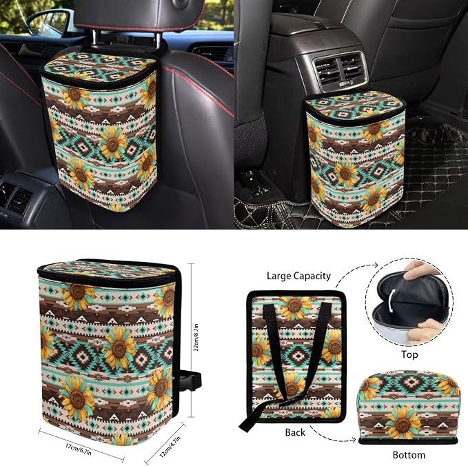 Aztec Sunflower Car Seat Covers Set of 15 with Universal Steering Wheel Cover, Rearview Mirror Cover, Car Trash Can, Seatbelt Pads, Cup Holder Coasters, Keychains