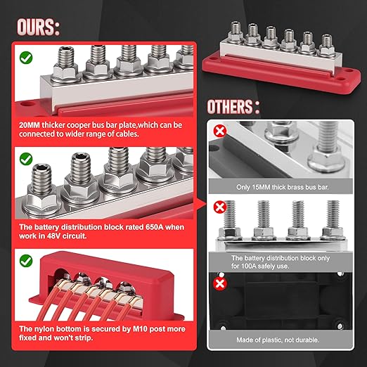 CNSPEED﻿ 2Pcs 600A Bus Bar Power Distribution Block 12-48V Terminal Block 6x3/8(M10) Studs Marine Battery Bus Bar with Waterproof Cover Quick Mount for Automotive Car Boat Solar System Red & Black