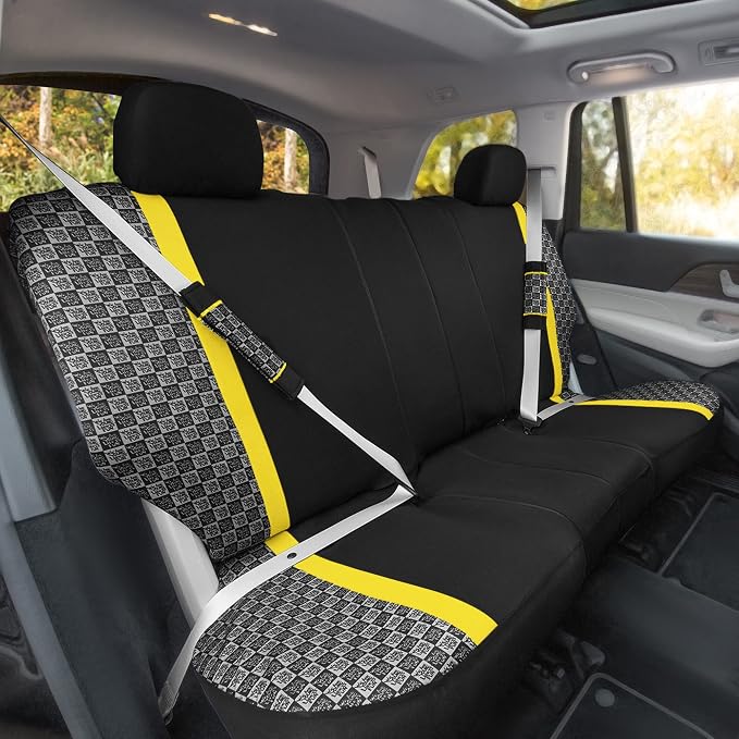 We Are Young Life is Fun™ Checker Car Seat Covers Universal Fit Interior Accessories Full Set Yellow Seat Cover Combo Steering Wheel Cover and Seat Belt Pads, Airbag and Split Rear Car Seat Covers