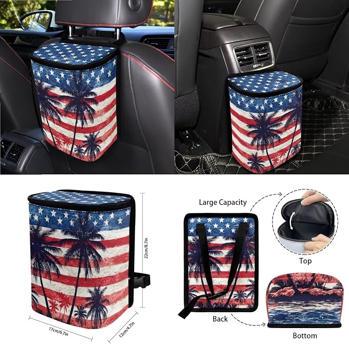 Wanyint Car Seat Cover Covers with Steering Wheel Seat Belt Strap Pad Trash Bag Phone Holder Rearview Mirror Accessories Cup Holder Key Chain Patriotic Auto Decor, 15 Pack, Hawaiian Palm Tree US Flag