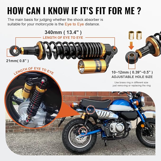 13.4 inch Universal Motorcycle Rear Air Shock Absorbers 340mm for HONDA for Suzuki for Yamaha for Kawasaki ATV Go Kart Quad Dirt Sport Bikes,Gold