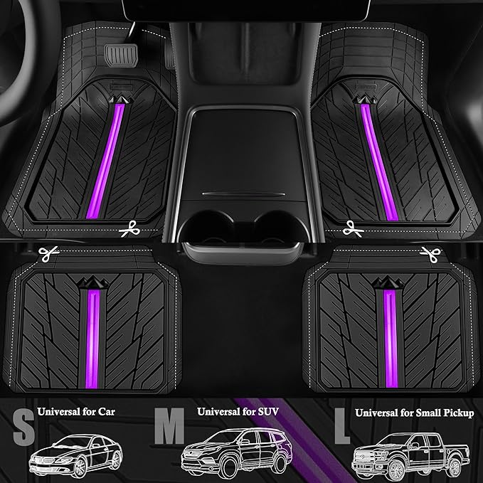CAR PASS Metal Medium Rubber Floor Mats for Car Heavy Duty Car Mats All Weather, Universal Trim to Fit for Truck SUV Vehicle Automotive Floor Mats, Waterproof Car Mats 4 Piece Black Purple