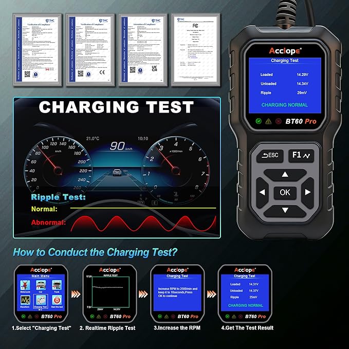 BT60 PRO Car Battery Tester 6V/12V/24V, 2–120Ah, 100–3000 CCA, AGM/Gel/Lithium, Alternator & Starter/Charging System Analyzer, QR Cloud Report (No App), Digital Analyzer