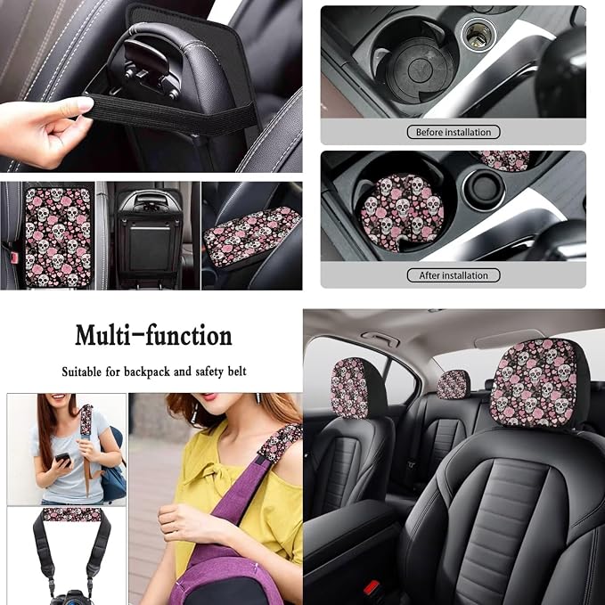 Rose Skull Print Car Interior Cover Set Includes High Back Seat Covers Steering Wheel Cover Safety Belt Pads Headrest Covers Center Console Pad Cup Cushions Key Chain for Men Women