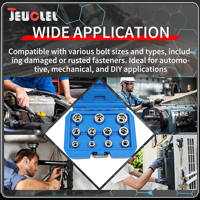 11Pcs 3/8" Drive Metric Bolt Extractor Socket Set - Sizes 8-19mm for Easy Removal of Damaged Fasteners with Innovative Clamping Design