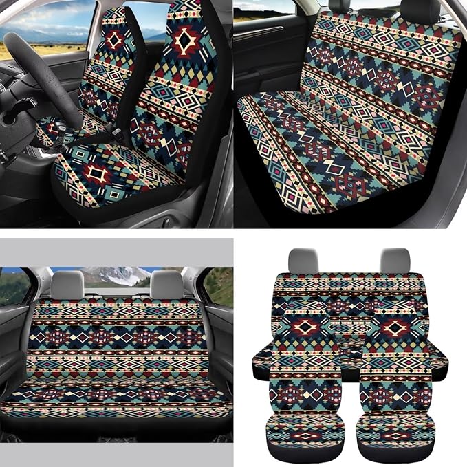 Tribal Pattern Car Seat Covers Set of 15 with Universal Steering Wheel Cover, Rearview Mirror Cover, Car Trash Can, Seatbelt Pads, Cup Holder Coasters, Keychains