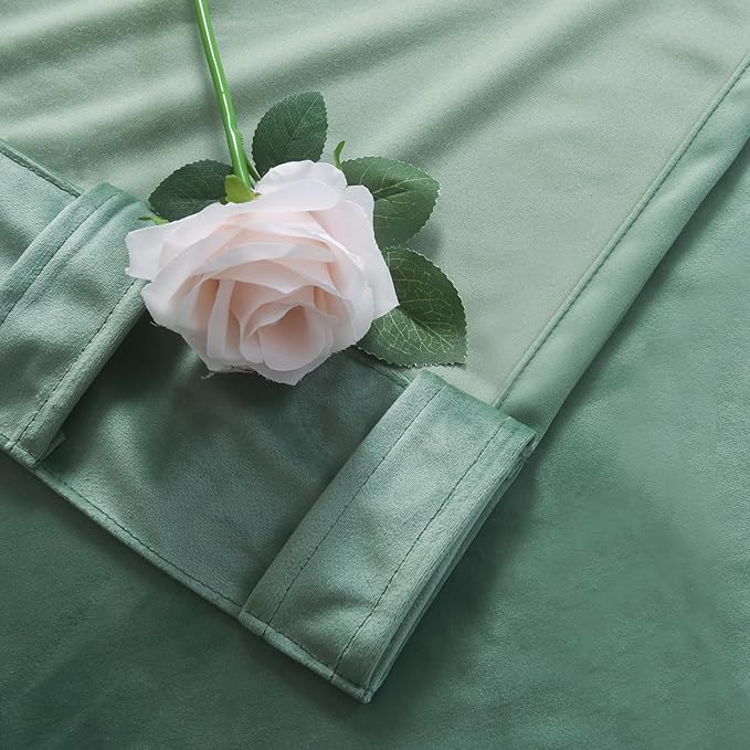 Roslynwood Luxury Soft Sage Green Velvet Curtains 90 inches Long Back Tab Thermal Insulated Blackout Window Drapes for Living Room/Bedroom/Dining Room, W52 x L90, 2 Pcs