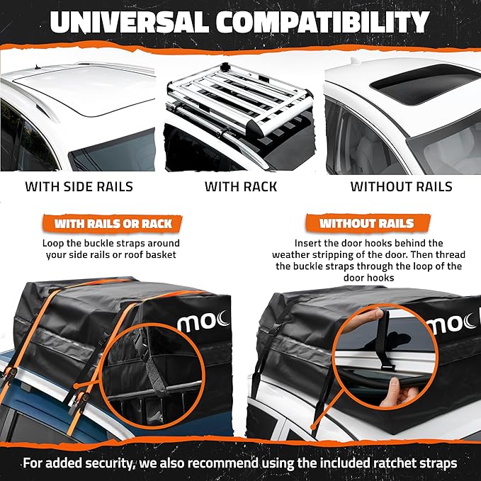 Mockins 16 Cu Ft No Rack Rooftop Cargo Carrier Bag | 45"x34"x18" Weatherproof Rooftop Cargo Bag for Top of Car | Car Topper Luggage Carrier Waterproof Set w/Accessories | Vehicle Soft-Shell Carriers
