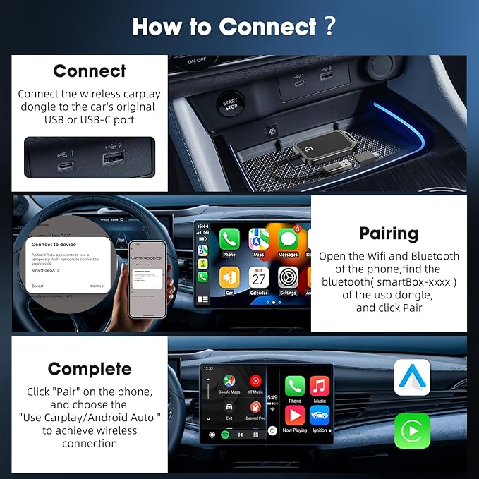 Wireless CarPlay Adapter for Apple iPhone, Multi-User Seamless Connection Mini Plug and Play CarPlay Adapter for Cars from 2015 and iPhone iOS 10+ / Android 11+ to Screen w/USB C (Gray)