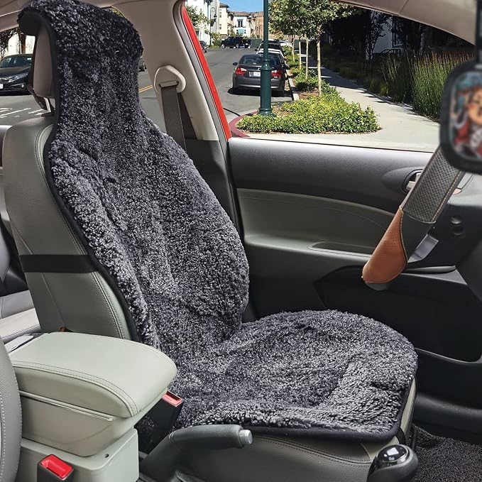 Champlus Genuine Australian Sheepskin Seat Cover, Wool Cushion for Sedan Cars SUVs Trucks and Minivans, Quick Install, Black