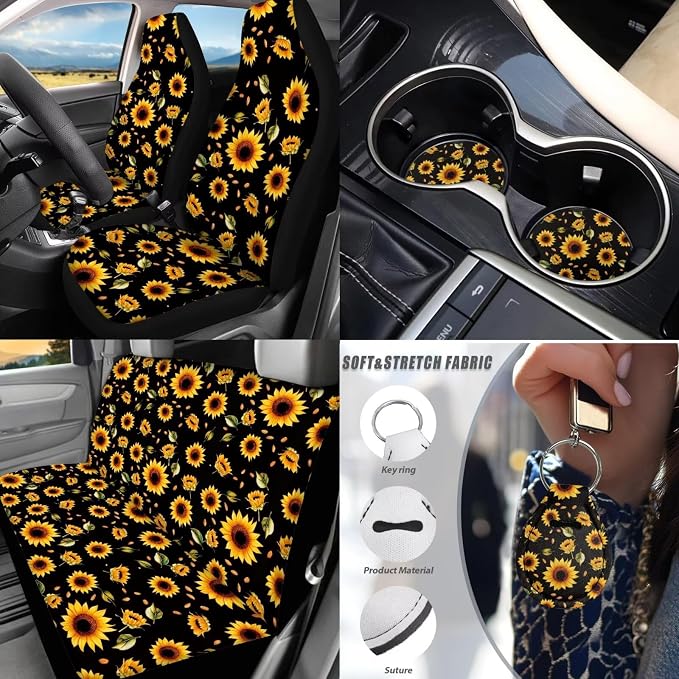 Sunflower Car Seat Covers Full Set of 17 Pcs Hippie Sunflower Car Accessories Set with Front and Split Rear Bench Car Mats Full Set Car Seat Belt Cover Steering Wheel Covers,Universal Fit