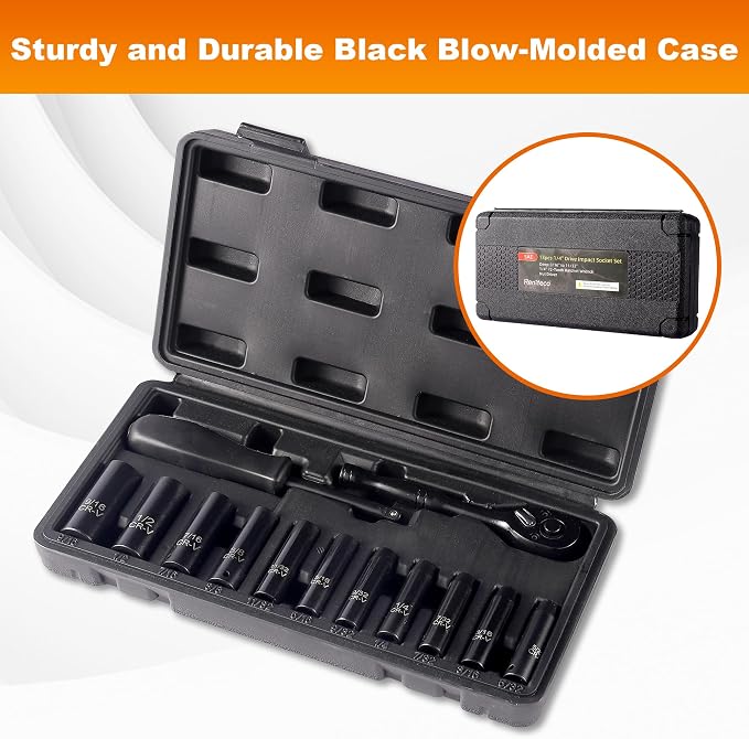 Reniteco 13-Piece 1/4" Drive Socket Set, SAE (3/16"- 11/32"), Deep Sockets, 72-Tooth Ratchet Wrench, Drive Spinner Handle, 6 Point Design, Cr-V