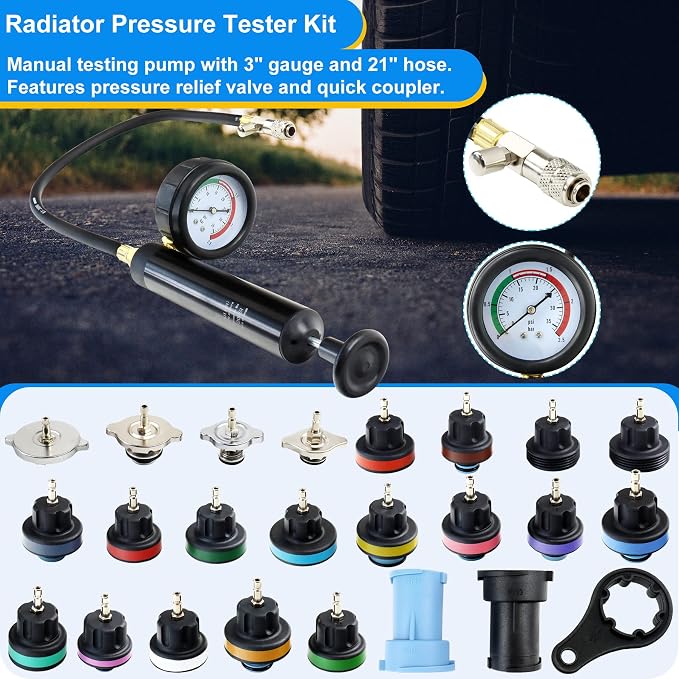 JoyFans Radiator Pressure Tester and Cooling System Pneumatic Vacuum Coolant Refill Tool 33Pcs Automotive Kit with Pressure Gauge, Radiator Adapters for Most Cars, Trucks, Airlift Red