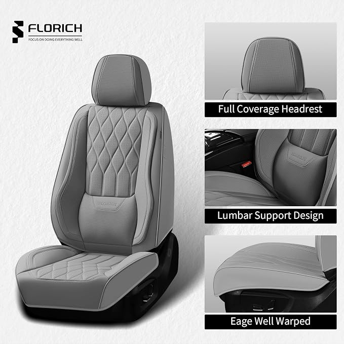 FLORICH Leather Car Seat Covers Full Set Automotive Seat Covers Waterproof Car Seat Cover with Lumbar Support Interior Cover for Front Seat and Back Universal Fit for Most Cars Sedans Trucks SUV, Gray