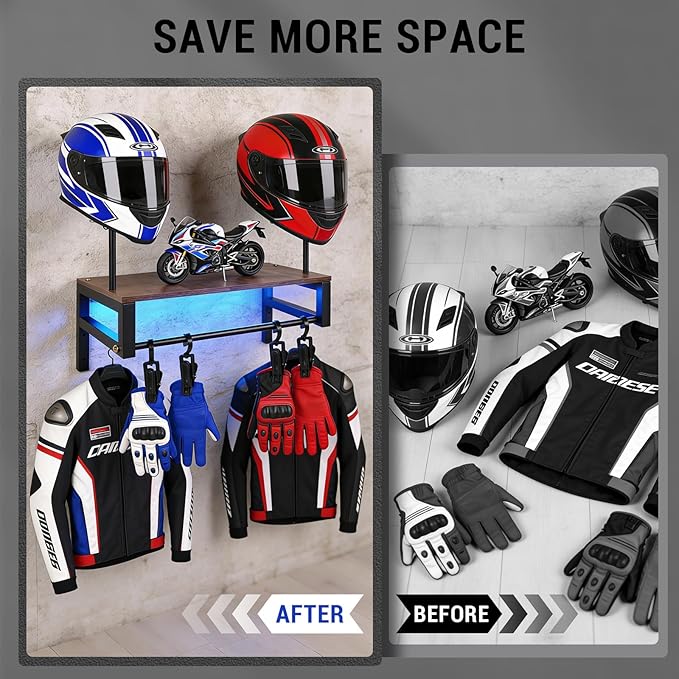 Helmet Rack Wall Mount, Motorcycle Helmet Holder Plate Rack Display Organizer with 4 Glove Clips, Helmet Rack with RGB Lights Strip