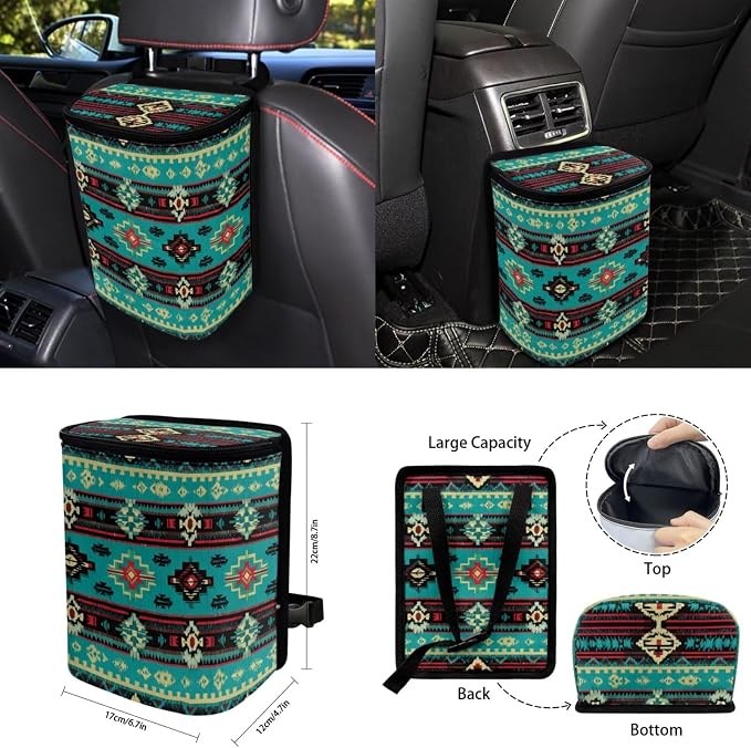 Green Aztec Tribal Car Seat Covers Set of 15 with Universal Steering Wheel Cover, Rearview Mirror Cover, Car Trash Can, Seatbelt Pads, Cup Holder Coasters, Keychains