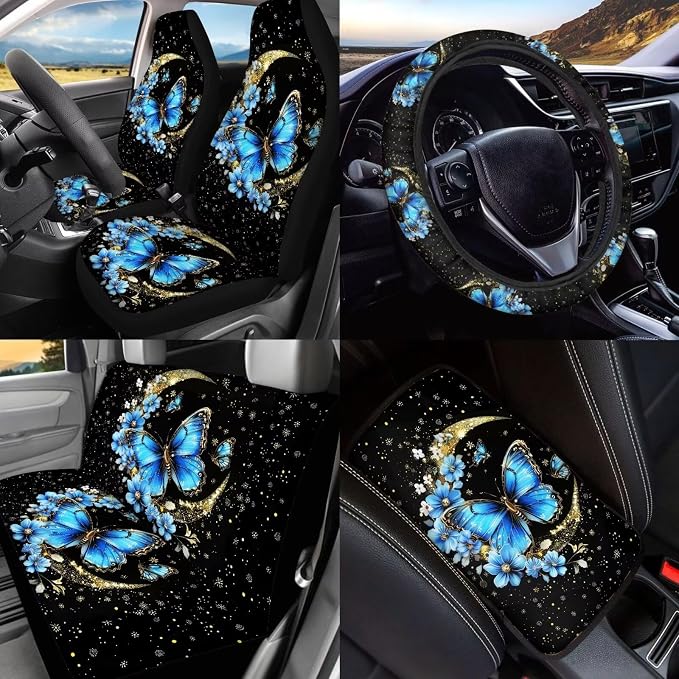 BIGCARJOB Butterfly Car Seat Cover Full Set,15 Pcs Moon Butterfly Auto Interior Accessories Set with Car Seat Head Rest Protective Cover,Auto Garbage Bag,Cup Mats,Seat Belt Pads