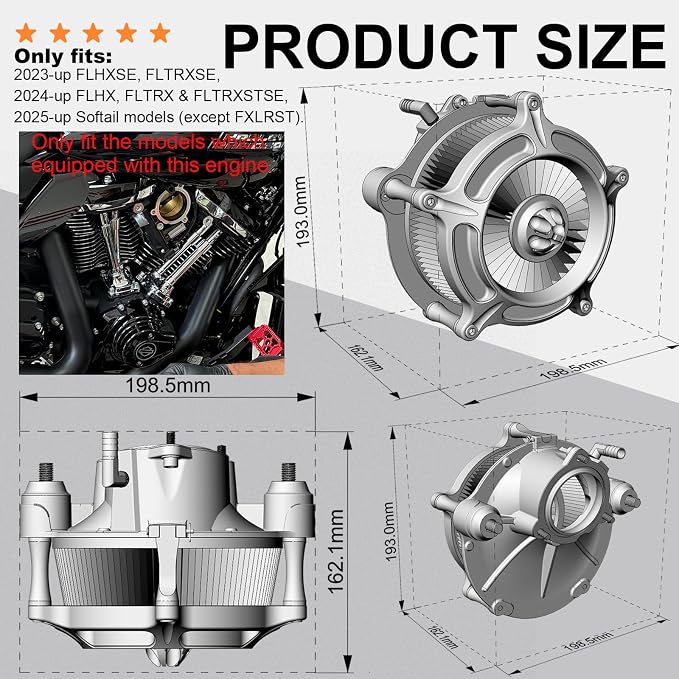 For harley air cleaner filter Sportster Softail Touring street road king glide Dyna for harley davidson air intake filters (Spike turbine - Gray, E-For Touring 2023-UP,Softail 2025-UP)