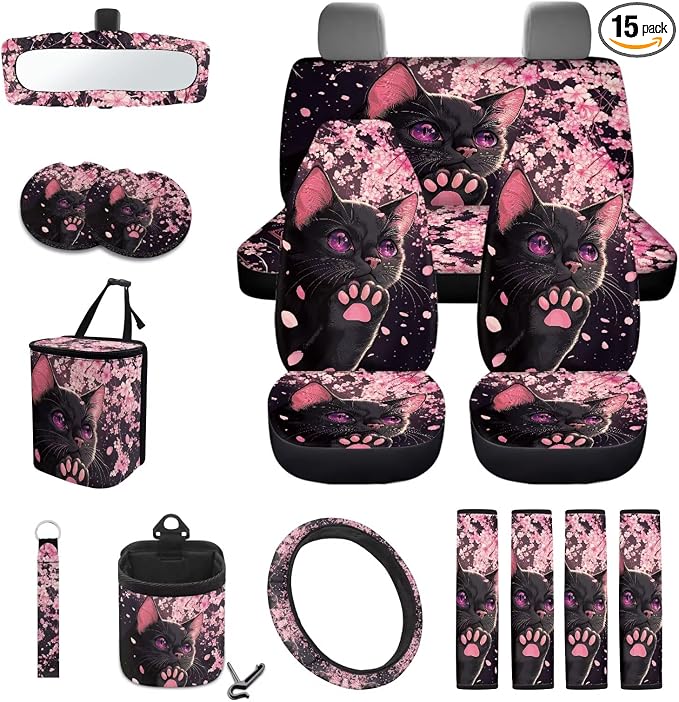 Cat Print Automotive Seat Covers Full Set of 15 Cherry Blossom Print Front Rear Seat Cover Steering Wheel Cover Safety Belt Pads Garbage Bag Car Air Vent Organizer Cup Cushions