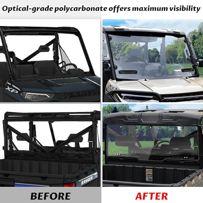 SAUTVS Rear & Front Windshields for Ranger 1000/XP 1000 17-26, Clear Front and Rear Poly Full Windshields Windows for Polaris Ranger XP 1000/Ranger 1000/XP 900/Diesel/Crew 2017-2026 Accessories