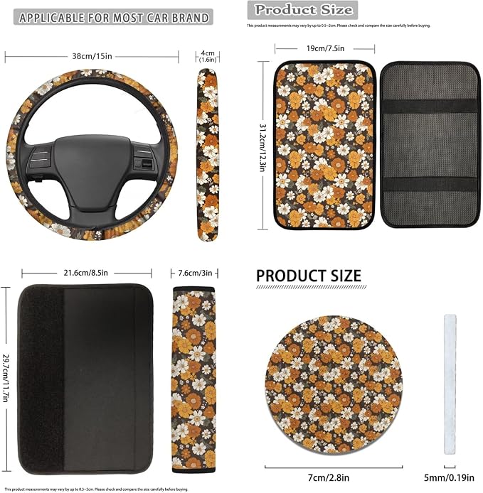 Retro Hippie Flower Seat Covers for Car 12pcs Daisy Sunflower Car Steering Wheel Cover Seatbelt Pads Armrest Pads Floral Coaster Keychain for Most Vehicle Interior Set Decorative