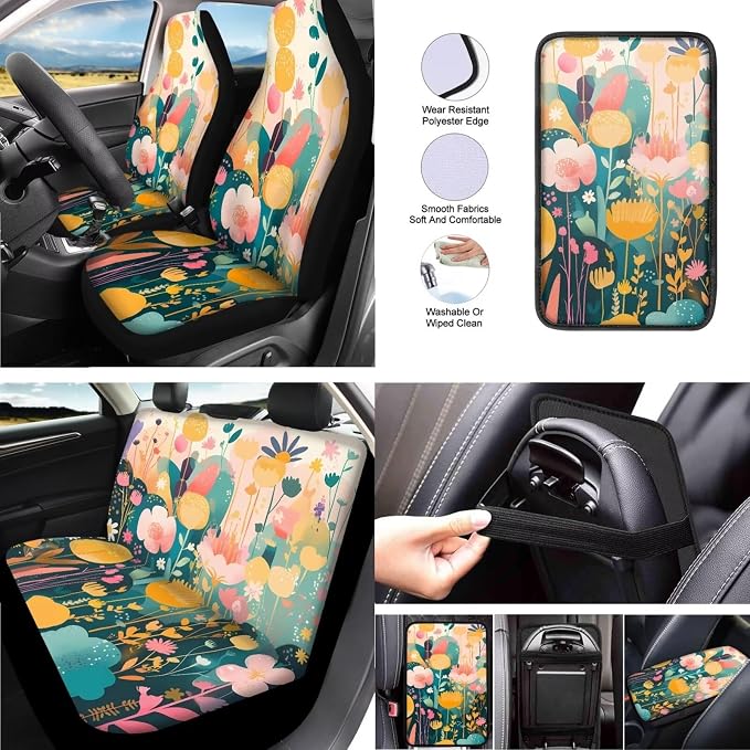 Watercolor Floral Print 13 Pack Car Seat Covers Full Set Colorful Cute Flower Painting Car Interior Accessories Fit Auto SUV Trucks Seat Belt Shoulder